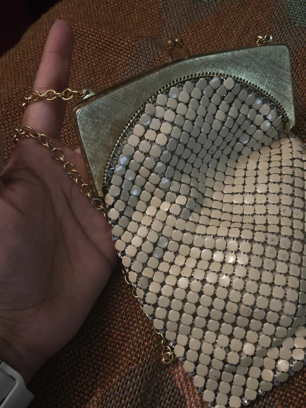 Vintage Whiting & Davis Cream Mesh Purse with Gold Frame and Chain